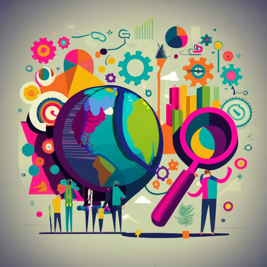 Illustration of templates being explored with a magnifying glass, a planet and infographics symbols